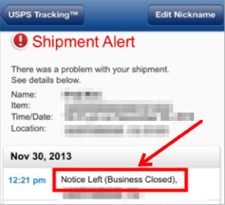 Статус посылки у USPS «business closed»