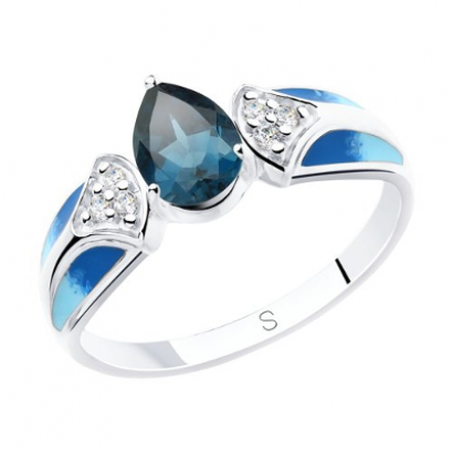 Кольцо из серебра с эмалью и синим топазом и фианитами